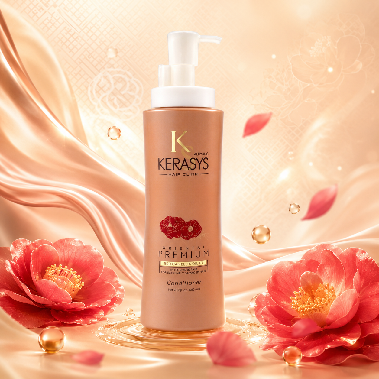 Kerasys Oriental Premium Intensive Repair Conditioner with Red Camellia Oil EX, Korean repairing conditioner that deeply nourishes extremely damaged hair and helps reduce breakage.