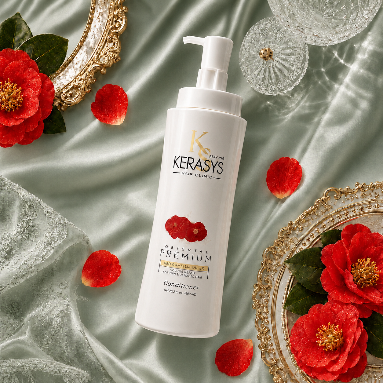 Kerasys Oriental Premium Volume & Repair Conditioner with Red Camellia Oil EX, Korean volumizing conditioner that nourishes thin and damaged hair while enhancing volume and softness.