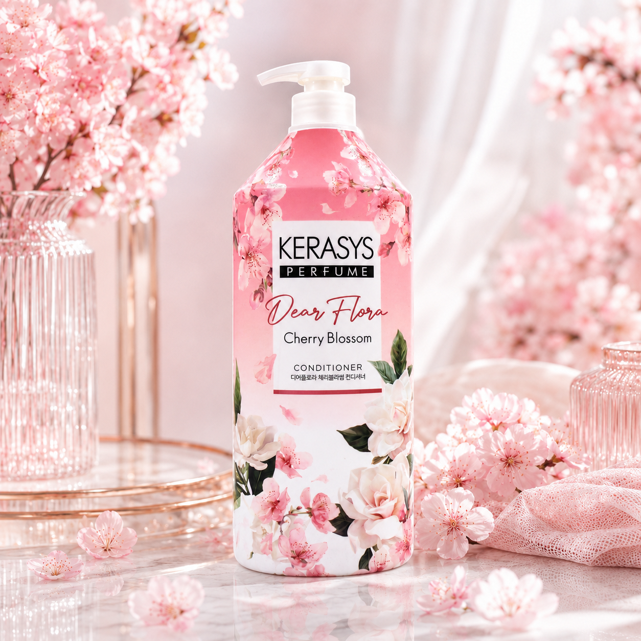 KeraSys Dear Flora Perfume Cherry Blossom Conditioner 1500ml Korean floral hair conditioner with cherry blossom fragrance for hydrated, smooth and manageable hair.