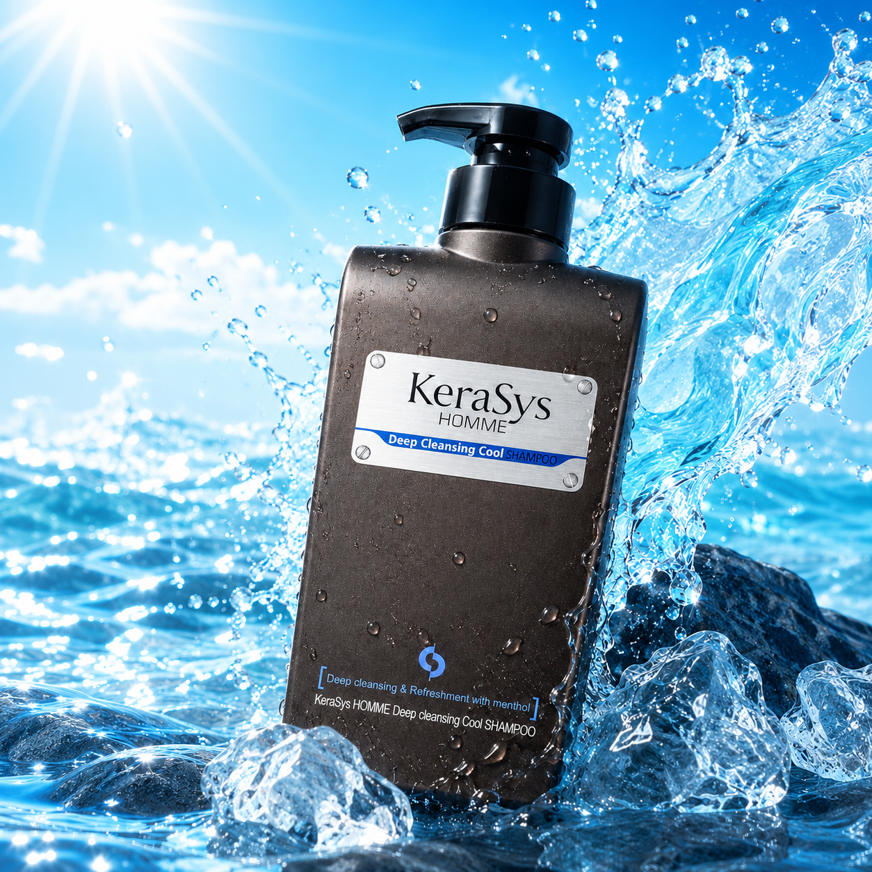 KeraSys Homme Deep Cleansing Cool Shampoo 550ml with menthol for men, refreshing Korean shampoo that deeply cleanses oily scalp and removes excess sebum.