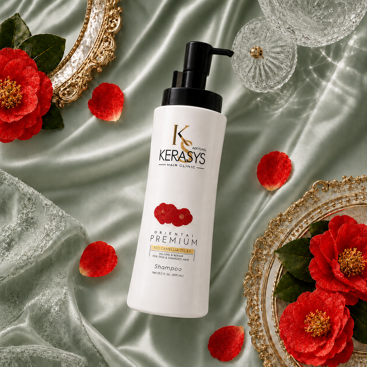 Kerasys Oriental Premium Volume & Repair Shampoo with Red Camellia Oil EX, Korean volumizing shampoo that adds body while repairing thin and damaged hair.