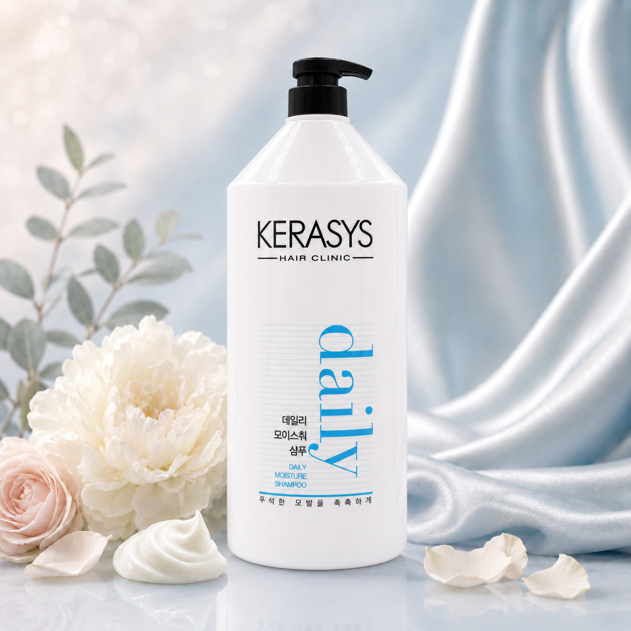 KeraSys Hair Clinic Daily Moisture Shampoo 1500ml Korean hydrating shampoo for dry and dehydrated hair that gently cleanses while restoring softness and moisture.