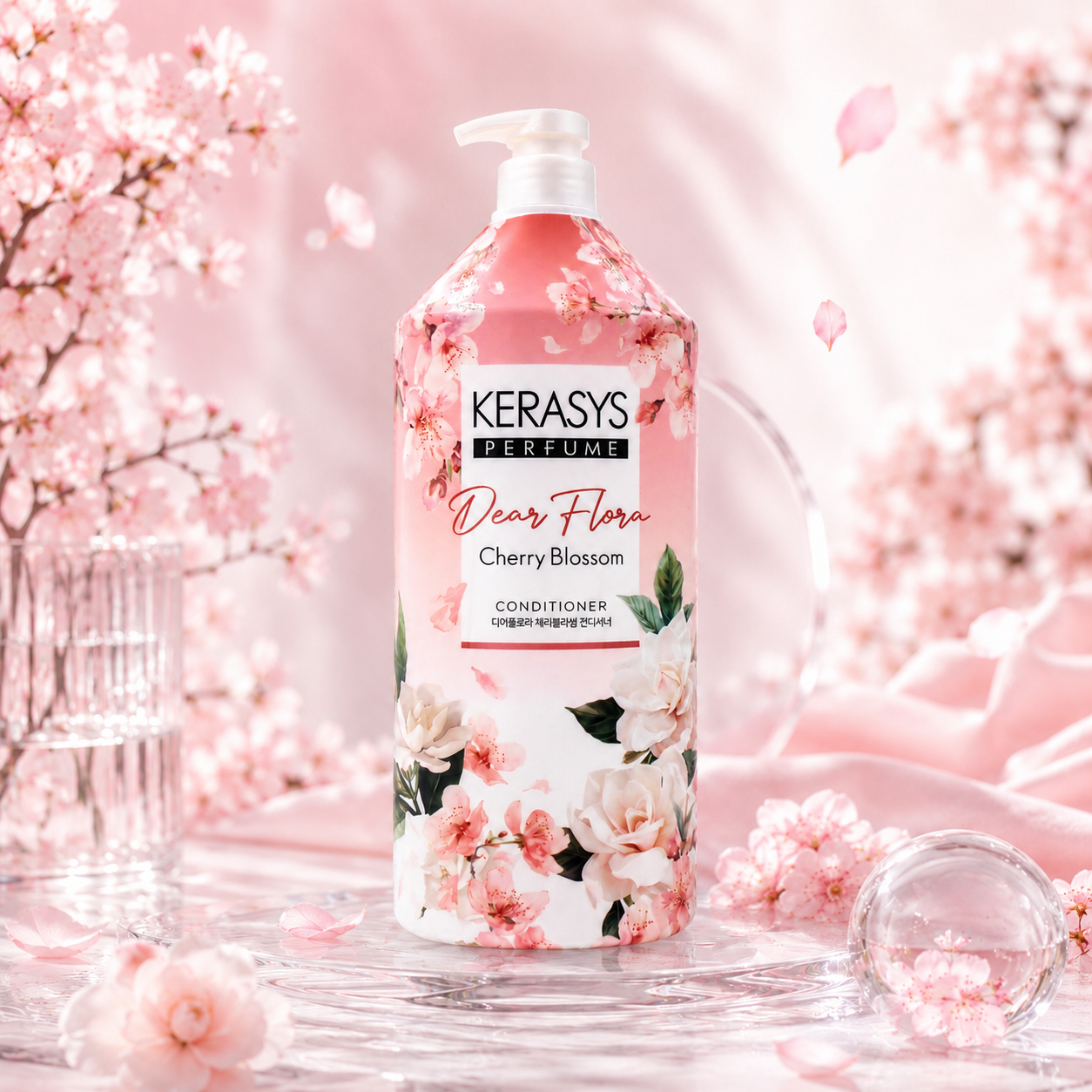 KeraSys Dear Flora Perfume Cherry Blossom Conditioner 1500ml Korean floral hair conditioner with cherry blossom fragrance for hydrated, smooth and manageable hair.
