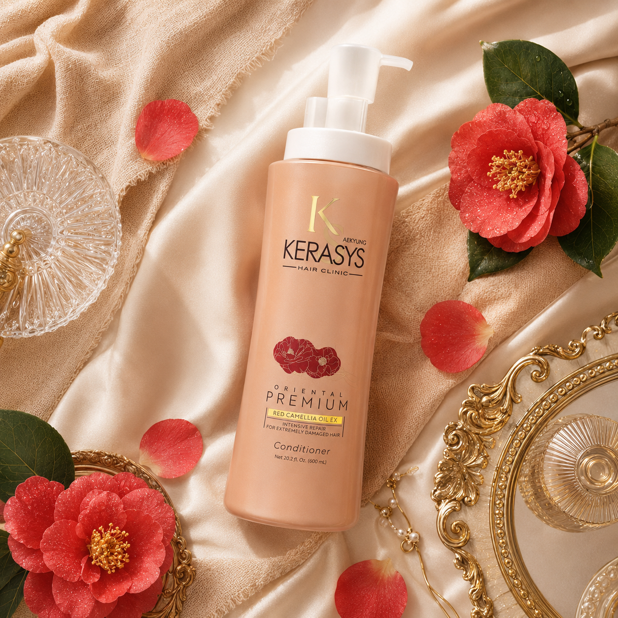 Kerasys Oriental Premium Intensive Repair Conditioner with Red Camellia Oil EX, Korean repairing conditioner that deeply nourishes extremely damaged hair and helps reduce breakage.