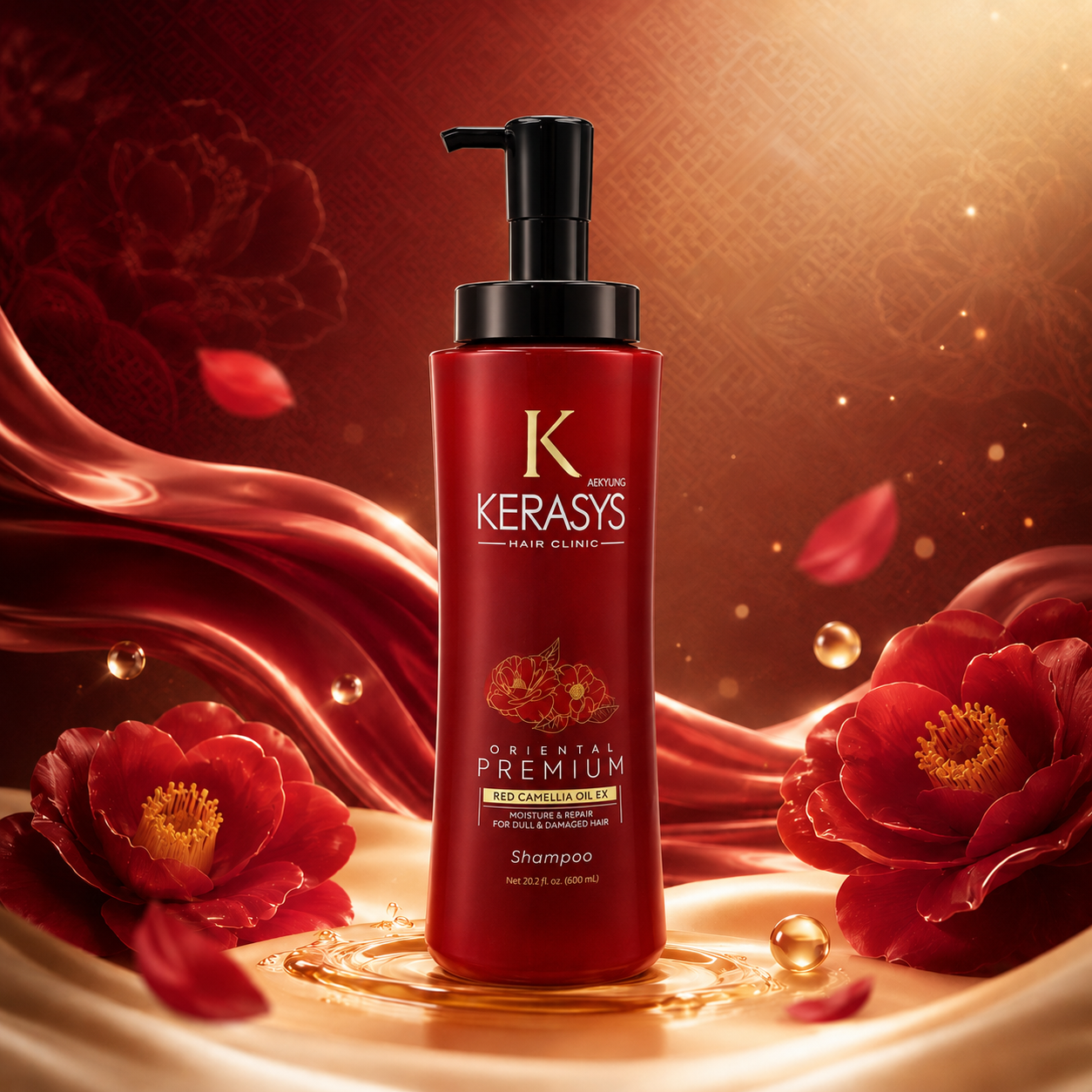 Kerasys Oriental Premium Shampoo with Red Camellia Oil EX for dull and damaged hair, nourishing Korean shampoo that moisturizes, repairs and restores healthy shine.