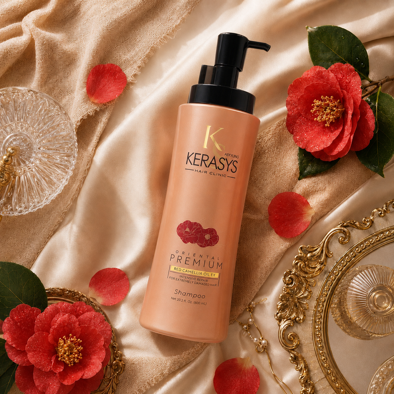 Kerasys Oriental Premium Intensive Repair Shampoo with Red Camellia Oil EX, Korean repairing shampoo that strengthens extremely damaged hair while restoring softness and shine.
