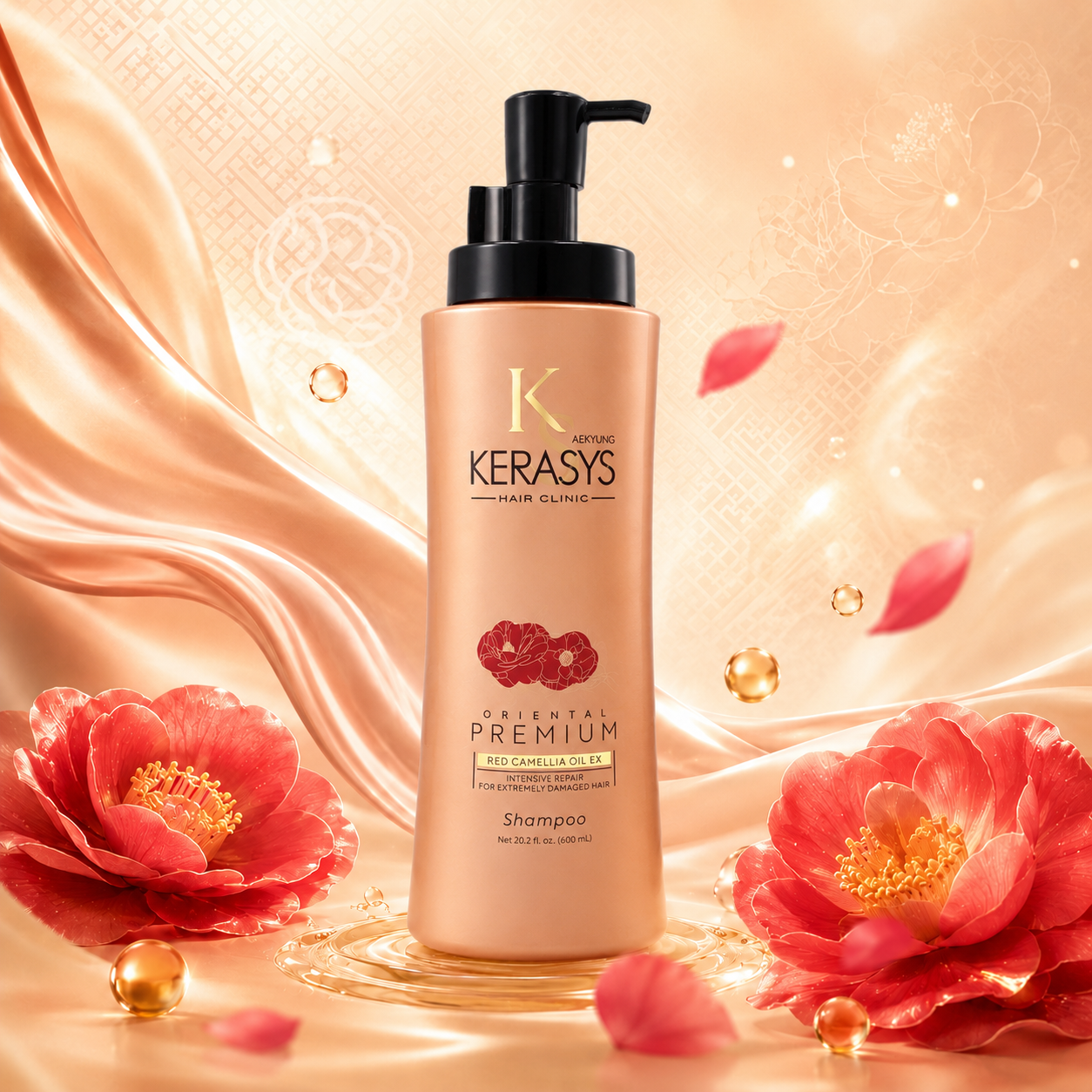 Kerasys Oriental Premium Intensive Repair Shampoo with Red Camellia Oil EX, Korean repairing shampoo that strengthens extremely damaged hair while restoring softness and shine.
