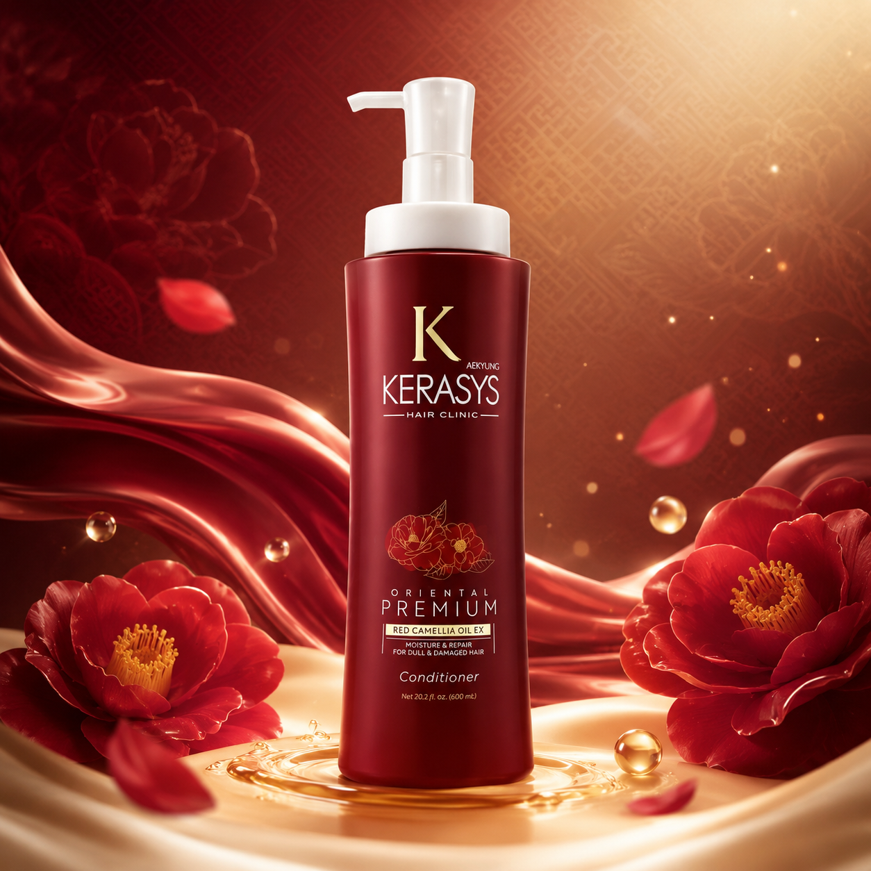 Kerasys Oriental Premium Conditioner with Red Camellia Oil EX for dull and damaged hair, nourishing Korean conditioner that deeply moisturizes, repairs and smooths hair.