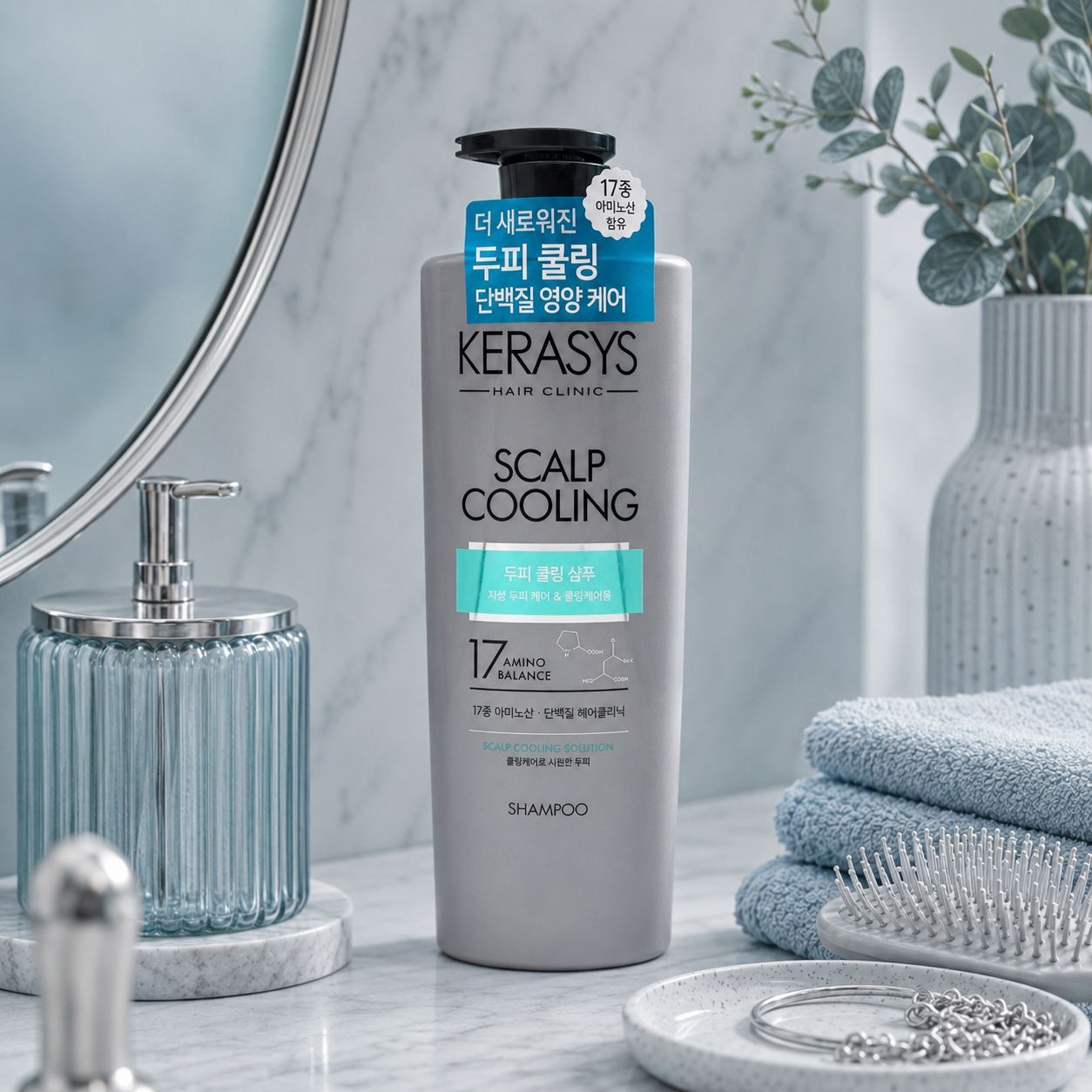 KeraSys Hair Clinic Scalp Cooling Shampoo Korean cooling shampoo with 17 Amino Balance that refreshes the scalp, controls excess oil and leaves hair feeling clean and revitalized.