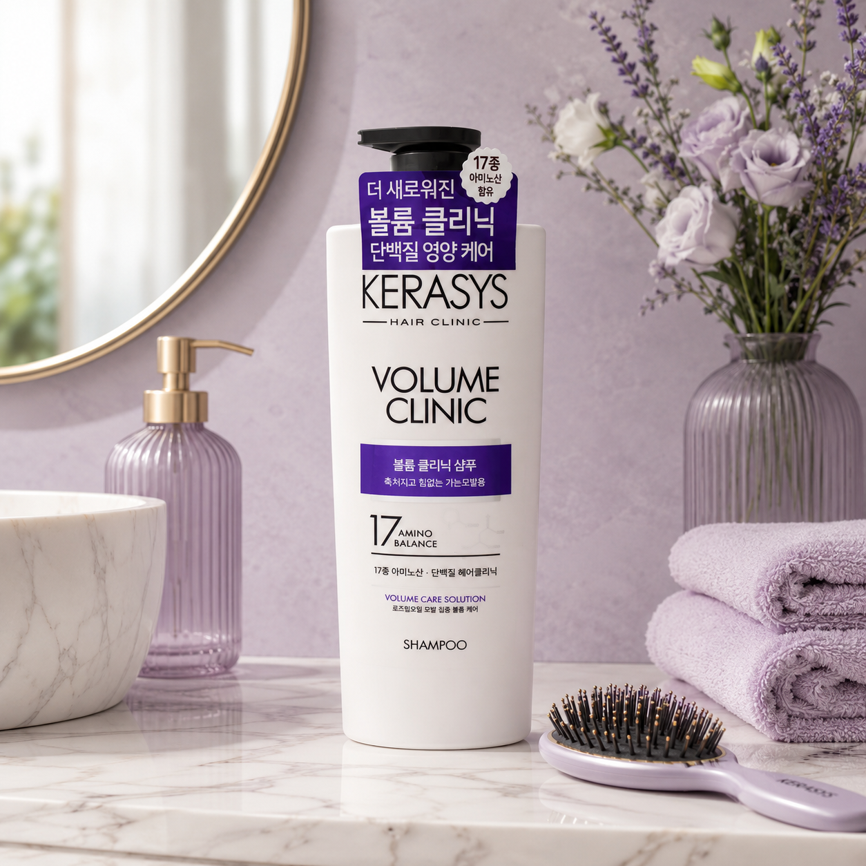 KeraSys Hair Clinic Volume Clinic Shampoo Korean volumizing shampoo with 17 Amino Balance to strengthen fine hair and boost natural volume and body.