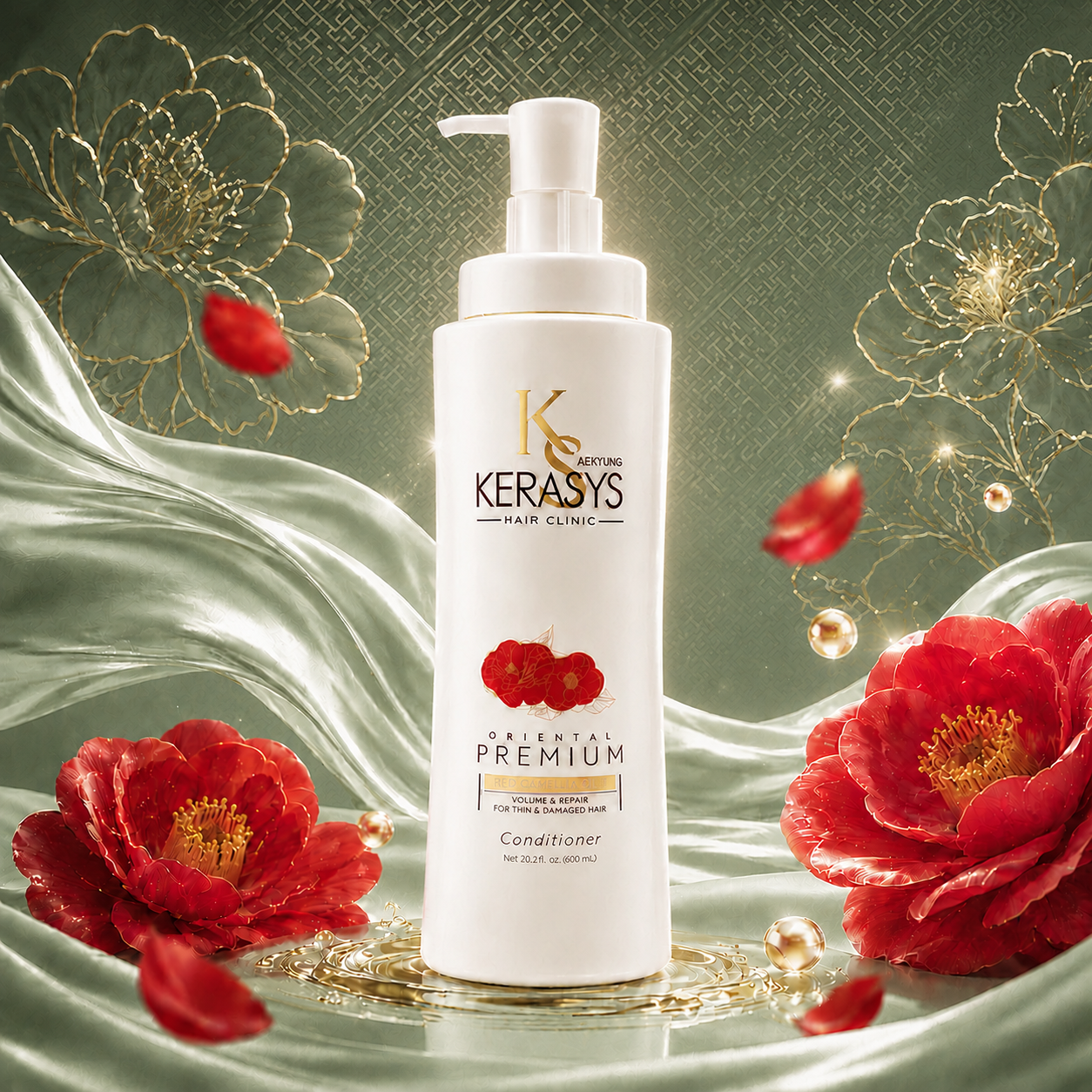 Kerasys Oriental Premium Volume & Repair Conditioner with Red Camellia Oil EX, Korean volumizing conditioner that nourishes thin and damaged hair while enhancing volume and softness.
