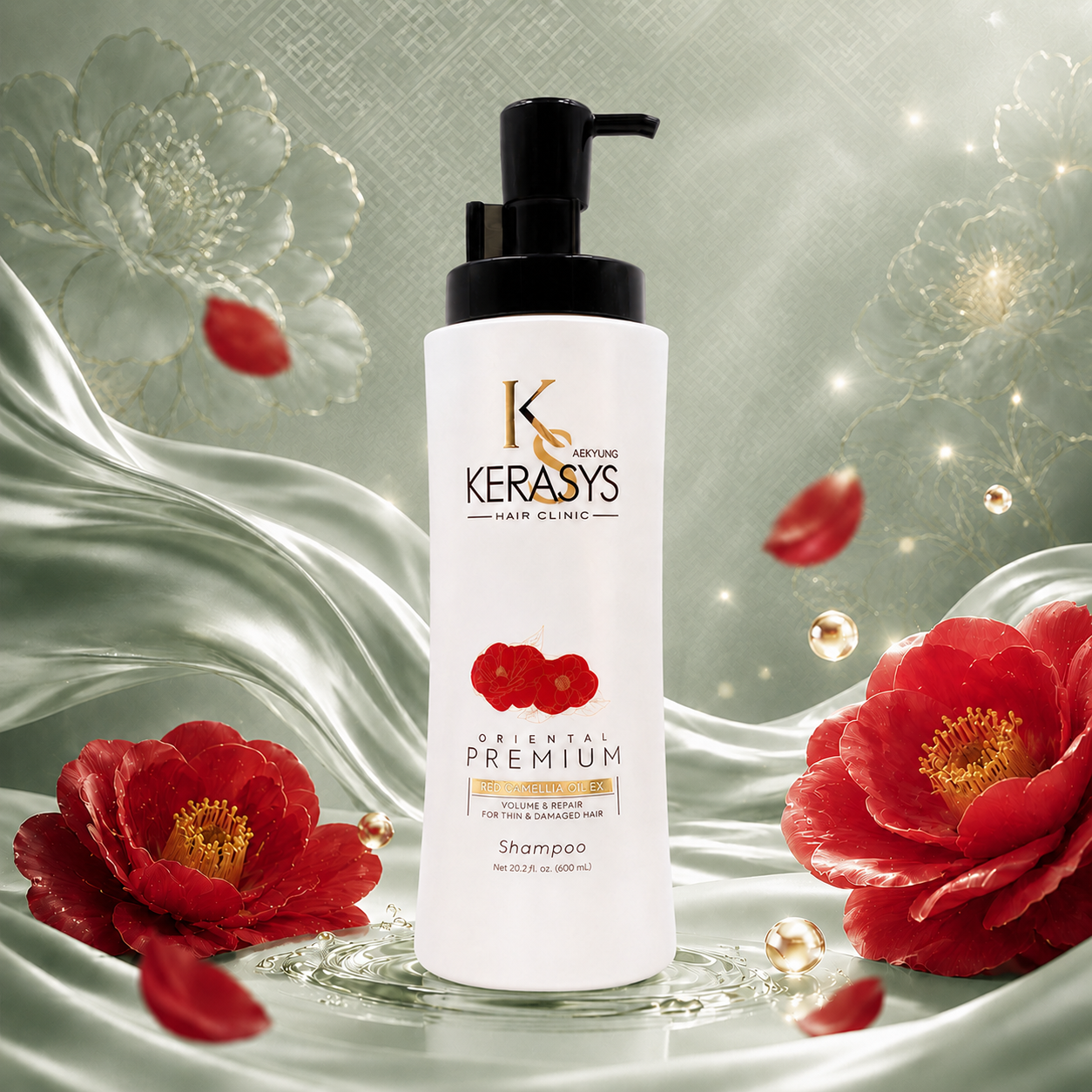 Kerasys Oriental Premium Volume & Repair Shampoo with Red Camellia Oil EX, Korean volumizing shampoo that adds body while repairing thin and damaged hair.