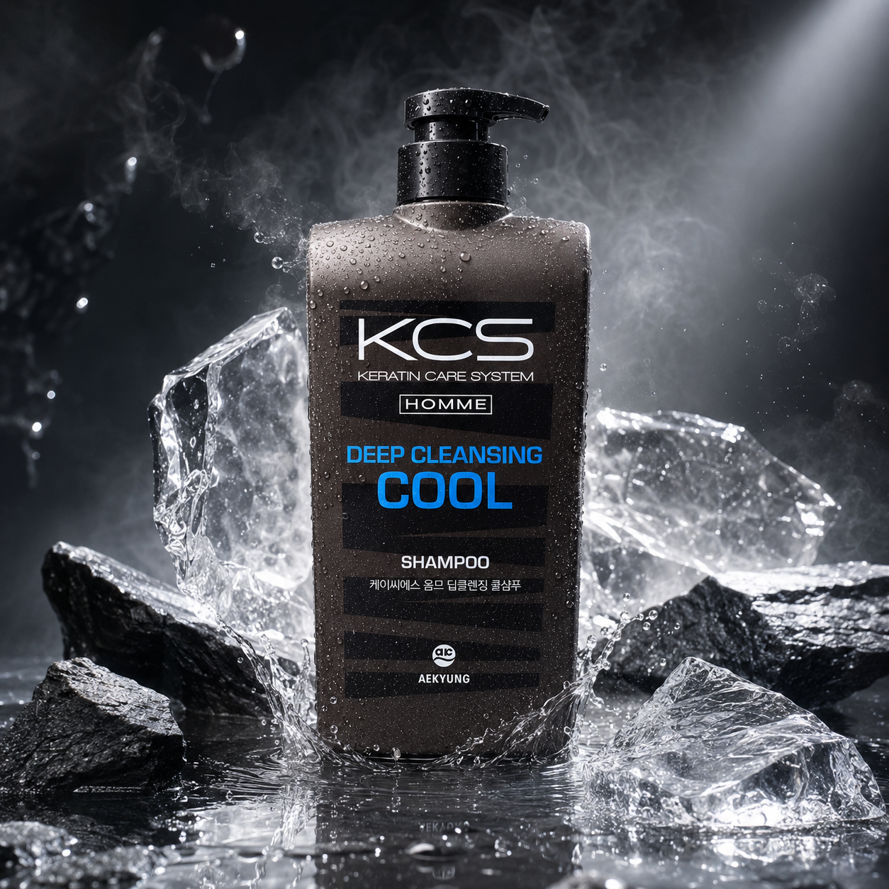 The KCS Homme Deep Cleansing Cool Shampoo 550ml by Kerasys, Korean men's shampoo with menthol for deep cleansing, scalp refreshment and oil control.