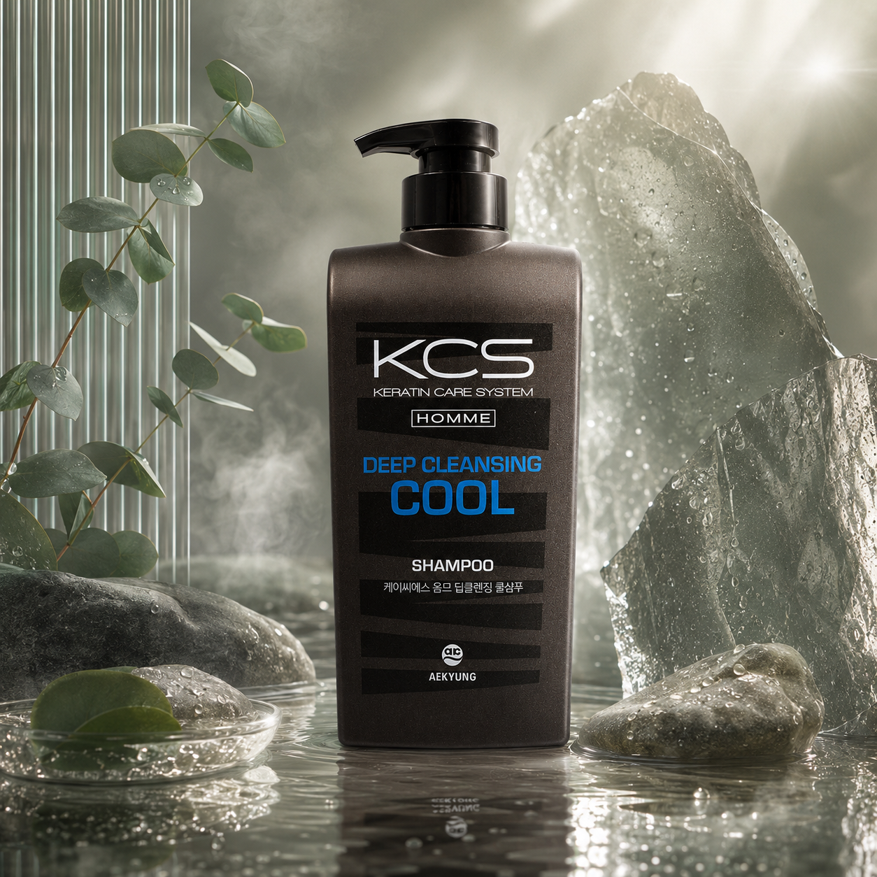 The KCS Homme Deep Cleansing Cool Shampoo 550ml by Kerasys, Korean men's shampoo with menthol for deep cleansing, scalp refreshment and oil control.