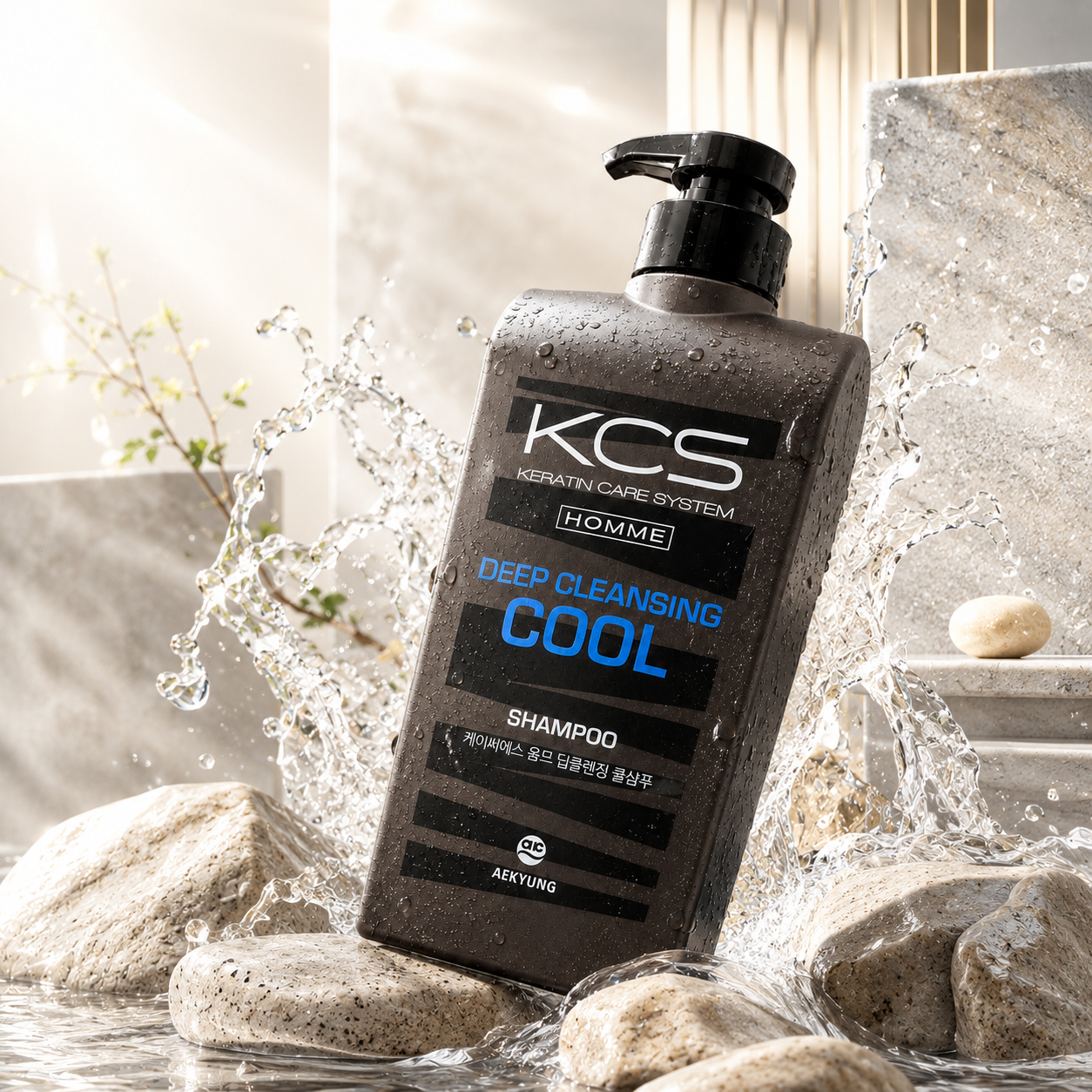 The KCS Homme Deep Cleansing Cool Shampoo 550ml by Kerasys, Korean men's shampoo with menthol for deep cleansing, scalp refreshment and oil control.