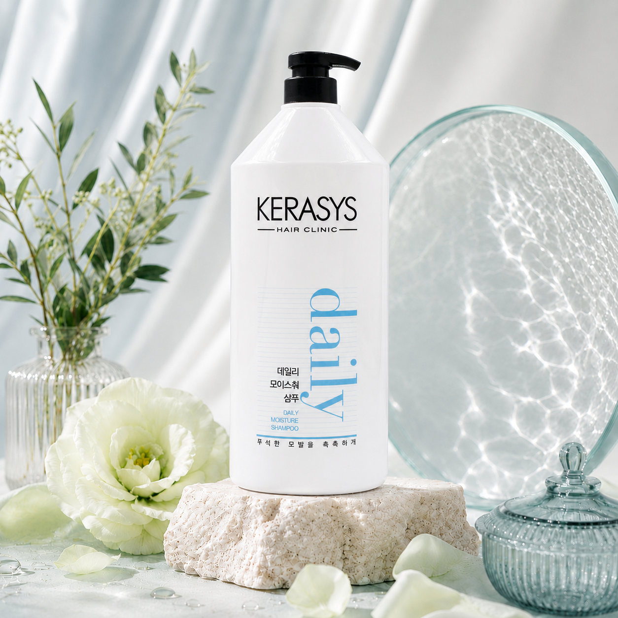 KeraSys Hair Clinic Daily Moisture Shampoo 1500ml Korean hydrating shampoo for dry and dehydrated hair that gently cleanses while restoring softness and moisture.