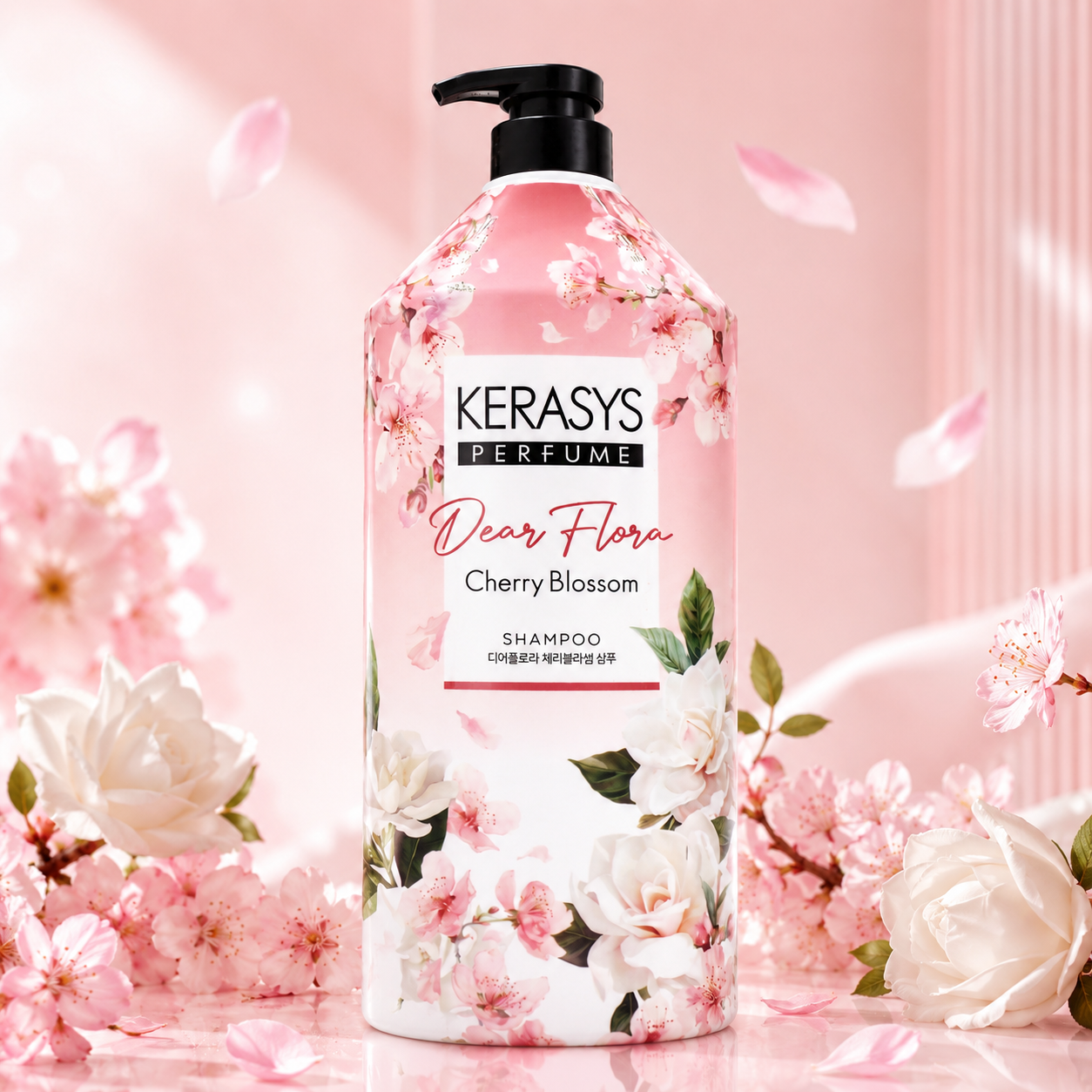 KeraSys Dear Flora Perfume Cherry Blossom Shampoo 1500ml Korean floral shampoo with cherry blossom fragrance for gentle cleansing, soft and shiny hair.
