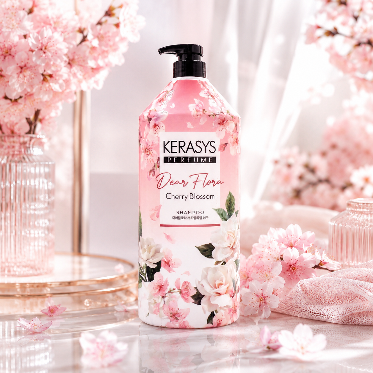 KeraSys Dear Flora Perfume Cherry Blossom Shampoo 1500ml Korean floral shampoo with cherry blossom fragrance for gentle cleansing, soft and shiny hair.