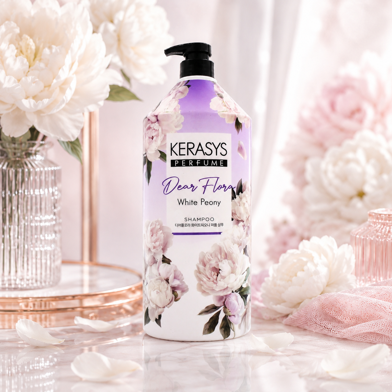KeraSys Dear Flora Perfume White Peony Shampoo 1500ml Korean floral shampoo with white peony fragrance for gentle cleansing, healthy-looking and silky hair.