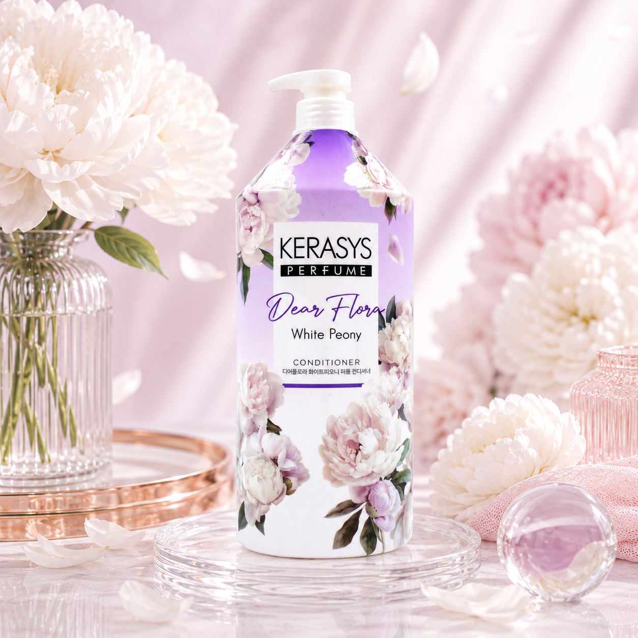 Kerasys Dear Flora Perfume White Peony Conditioner, a Korean floral hair conditioner with white peony fragrance for soft, smooth and nourished hair.
