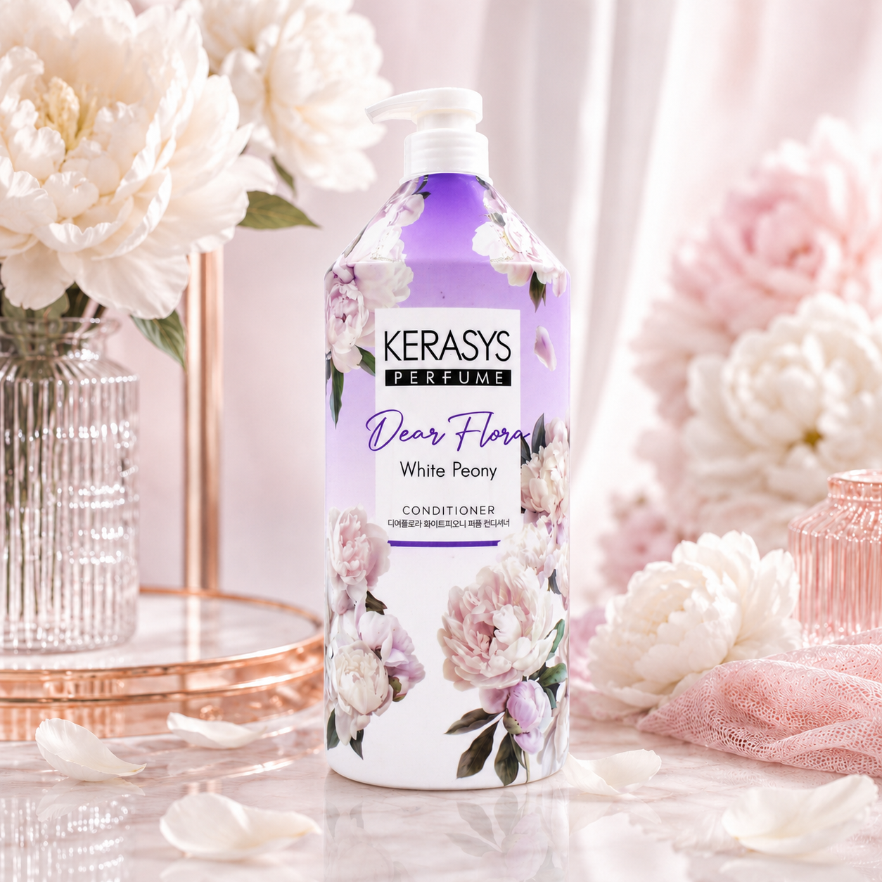Kerasys Dear Flora Perfume White Peony Conditioner, a Korean floral hair conditioner with white peony fragrance for soft, smooth and nourished hair.