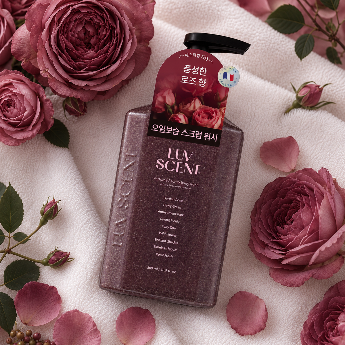 A bottle of LUV SCENT Festival Garden Rose Perfumed Scrub Wash 500ML, for the best immersive floral sensory shower experience.