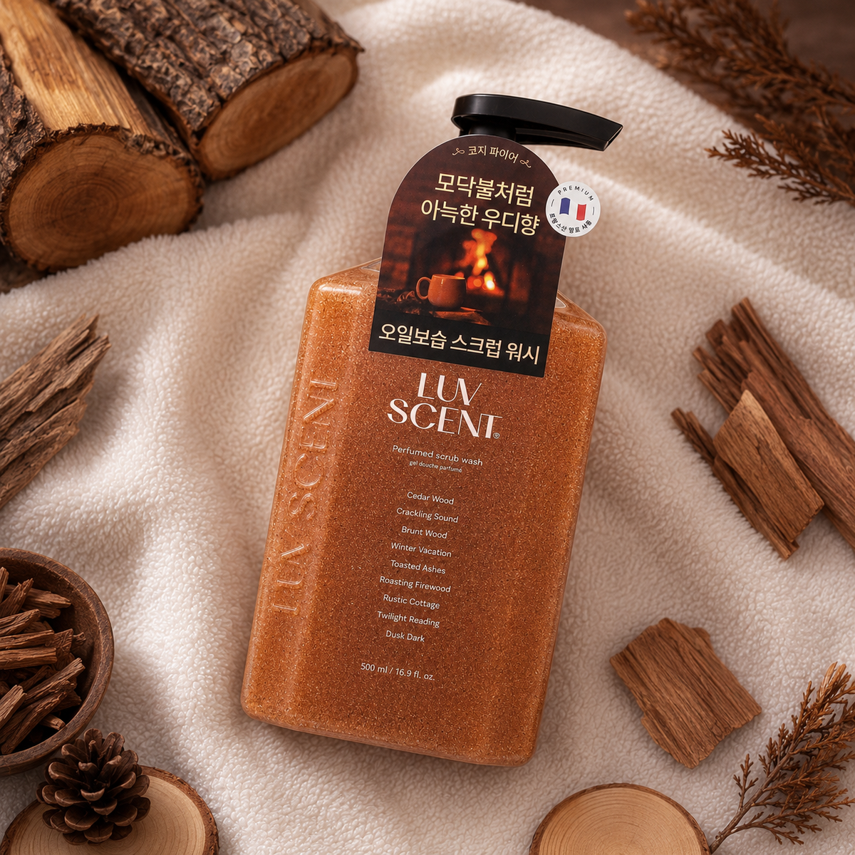 A bottle of LUV SCENT Cozy Fire Cedar Wood Perfumed Scrub Wash 500ML, for a relaxing and cozy sensory shower experience.