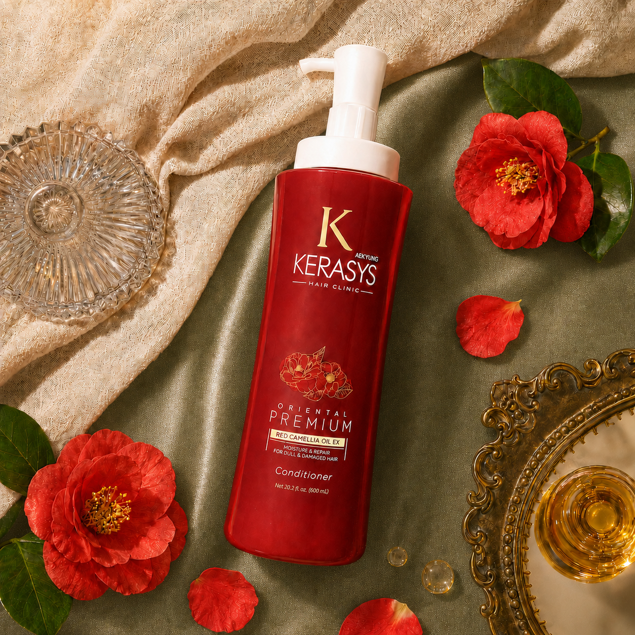 Kerasys Oriental Premium Conditioner with Red Camellia Oil EX for dull and damaged hair, nourishing Korean conditioner that deeply moisturizes, repairs and smooths hair.