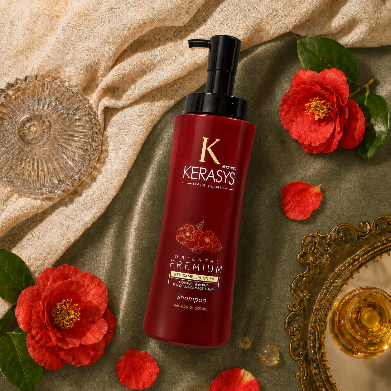 Kerasys Oriental Premium Shampoo with Red Camellia Oil EX for dull and damaged hair, nourishing Korean shampoo that moisturizes, repairs and restores healthy shine.